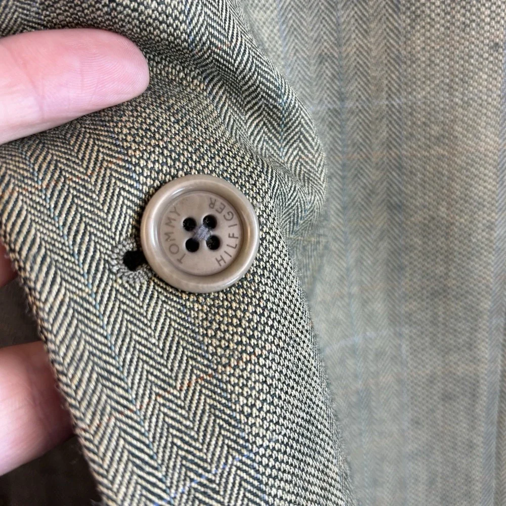 Tommy Hilfiger Blazer 42L Silk/Wool Herringbone Glen Plaid Greenish Beige Jacket